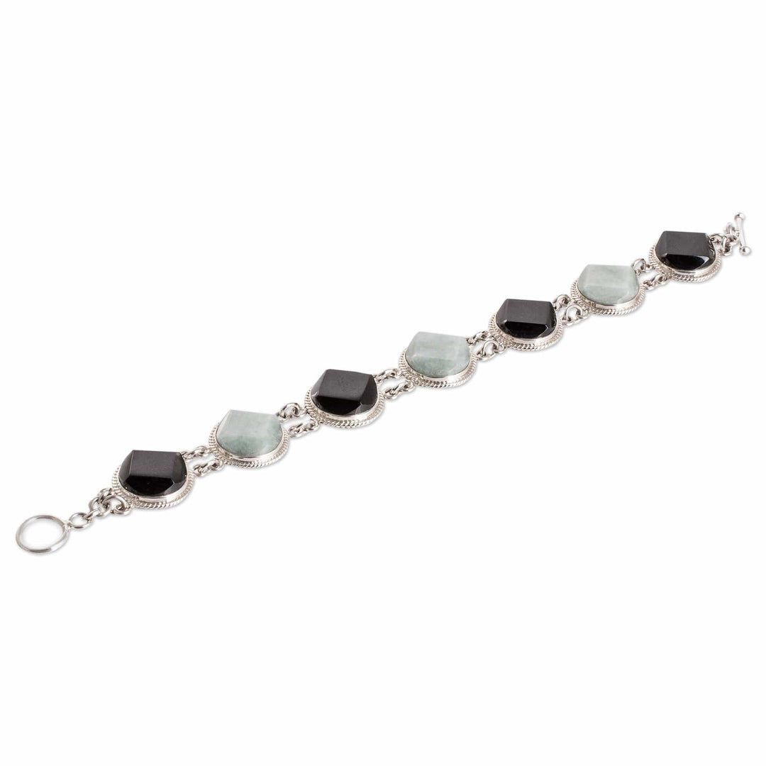 Sterling Silver Black and Apple Green Jade Link Bracelet - Glamorous Style