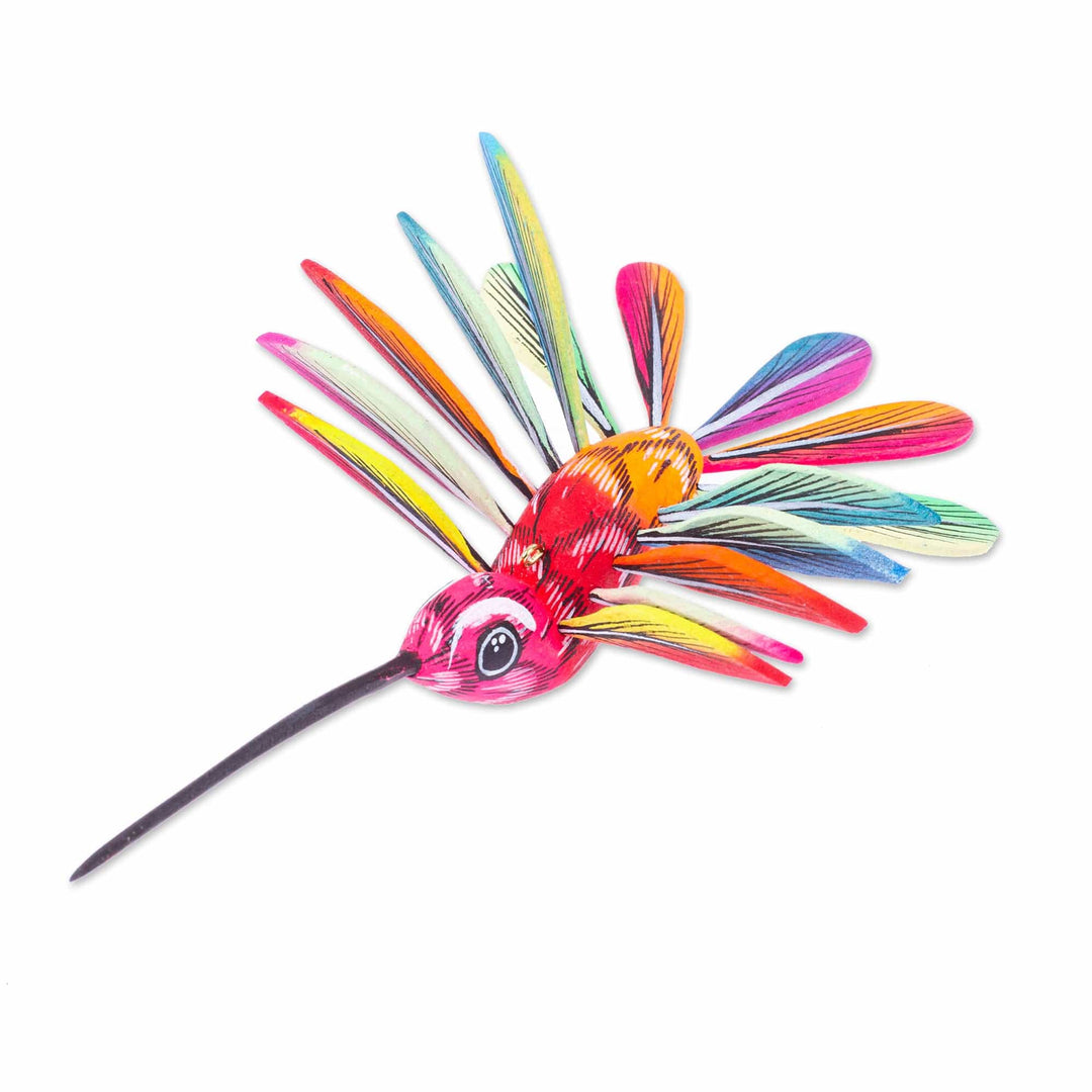 Hand-Painted Carnation Copal Wood Alebrije Bird Ornament - Festival Plumage