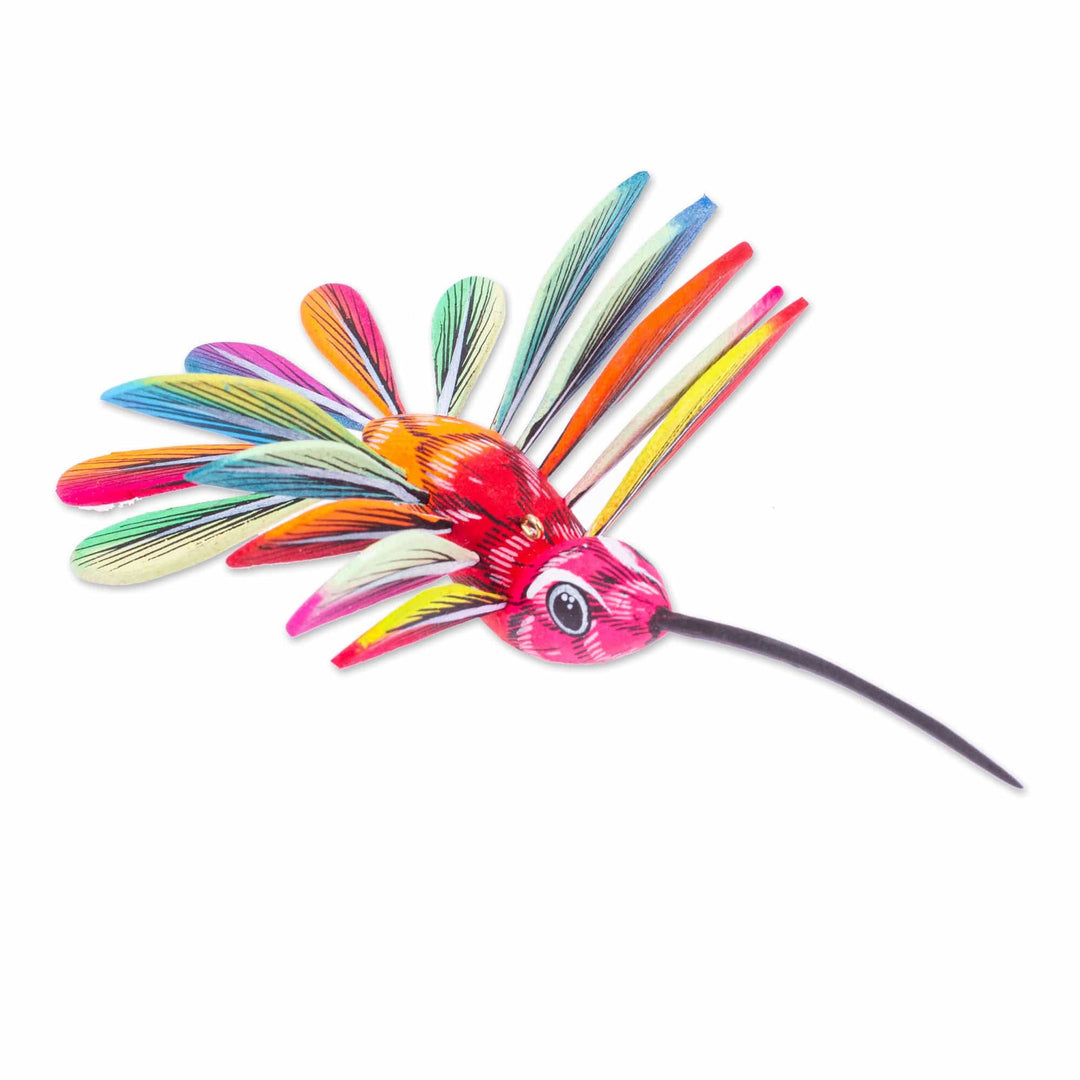 Hand-Painted Carnation Copal Wood Alebrije Bird Ornament - Festival Plumage