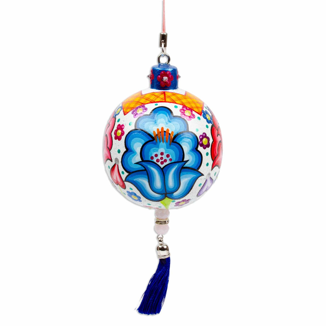 Hand-Painted Floral Copal Wood Ornament in a White Base Hue - Oaxaca's Heavenly Spring
