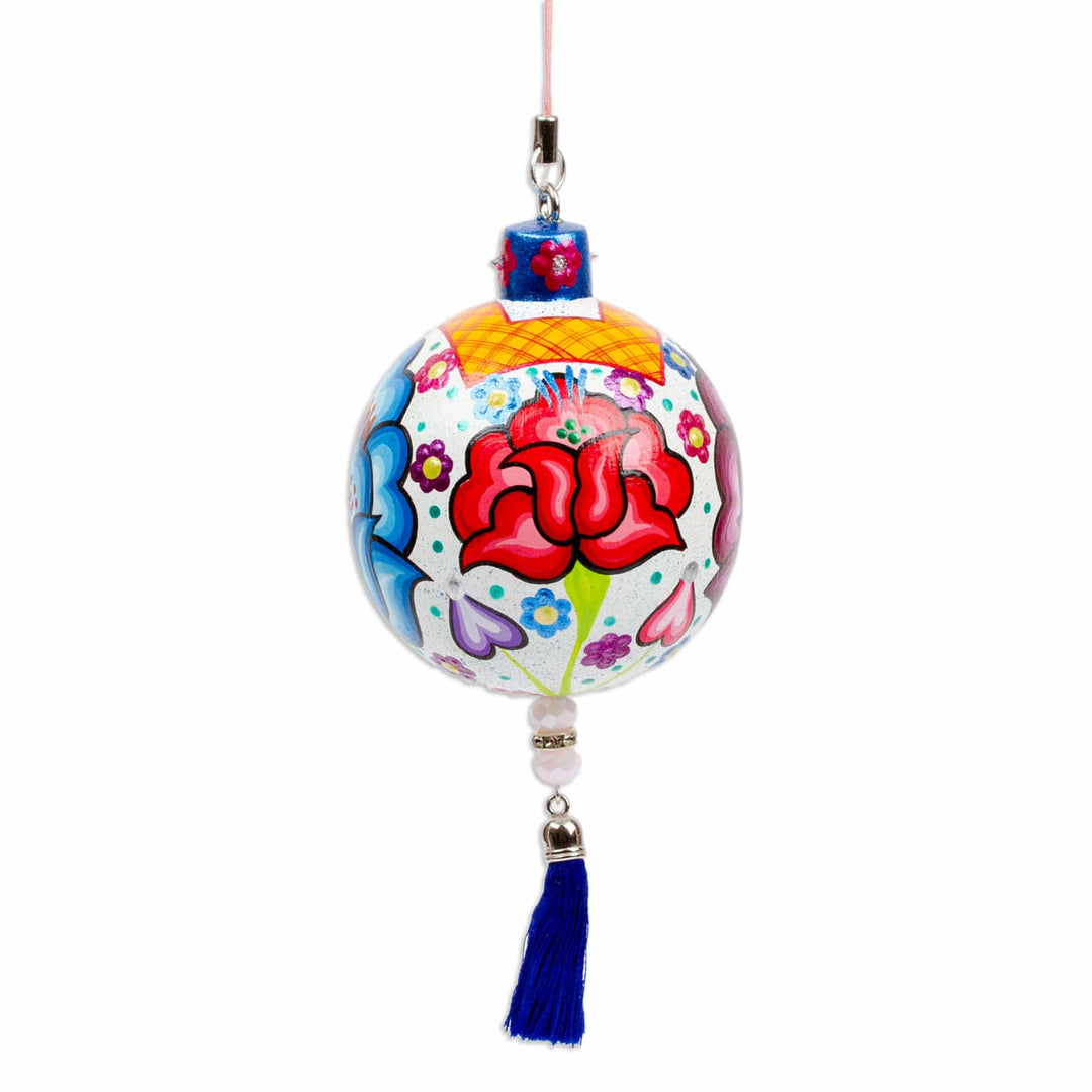Hand-Painted Floral Copal Wood Ornament in a White Base Hue - Oaxaca's Heavenly Spring