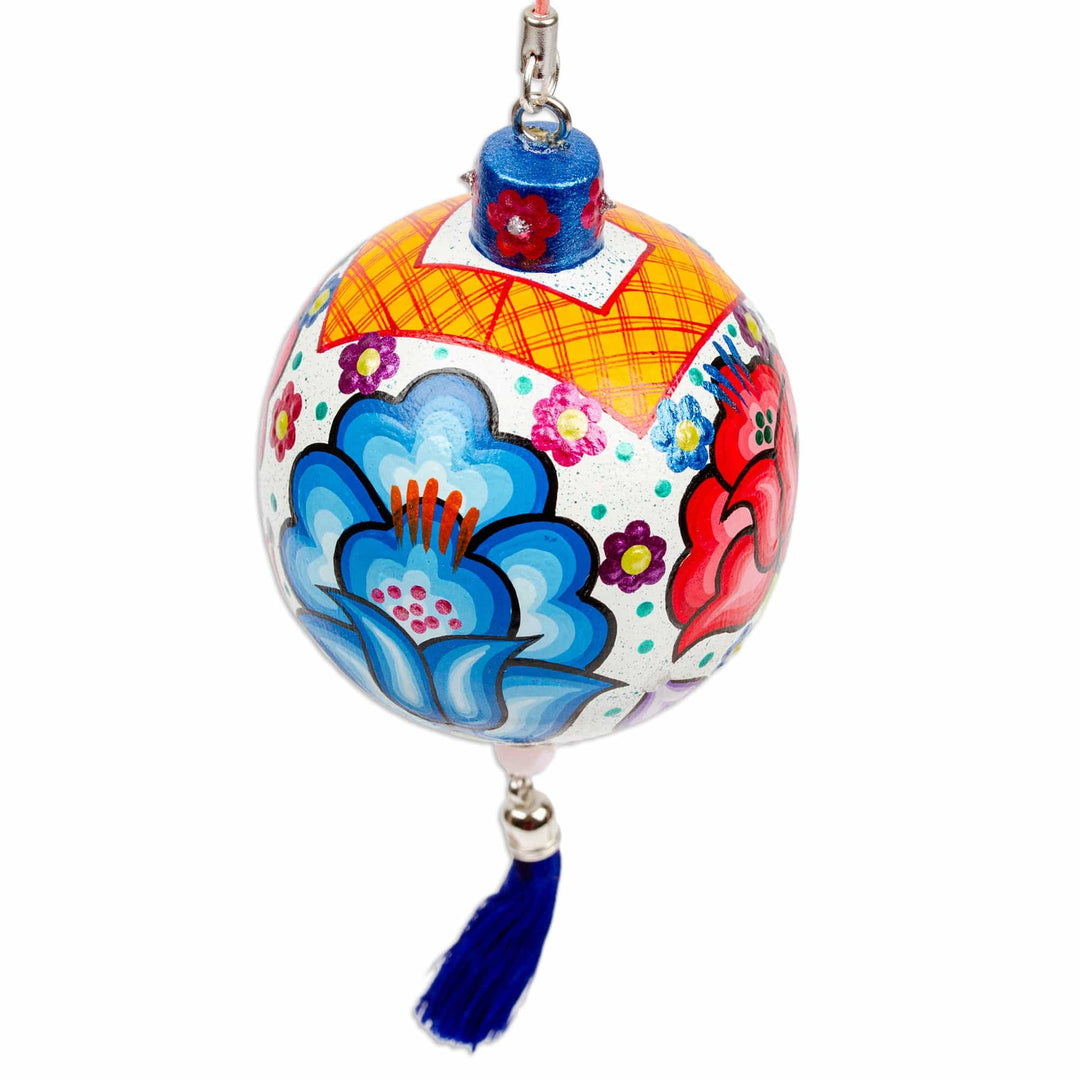 Hand-Painted Floral Copal Wood Ornament in a White Base Hue - Oaxaca's Heavenly Spring