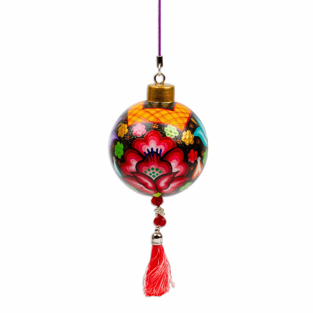 Hand-Painted Floral Copal Wood Ornament in Red Hues - Oaxaca's Red Spring