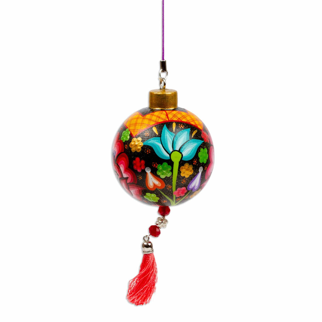 Hand-Painted Floral Copal Wood Ornament in Red Hues - Oaxaca's Red Spring