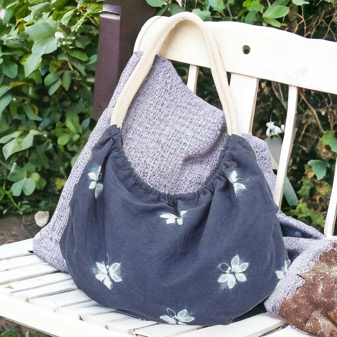 Butterfly-Themed Indigo Cotton Hobo Shoulder Bag - Indigo Hope
