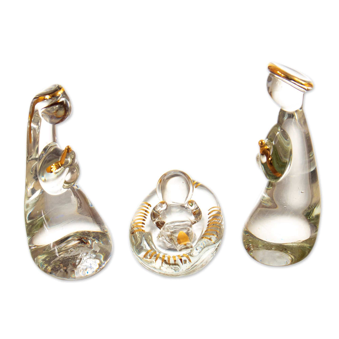 Modern Handblown Glass Nativity Scene with Golden Accents - Clear Miracle