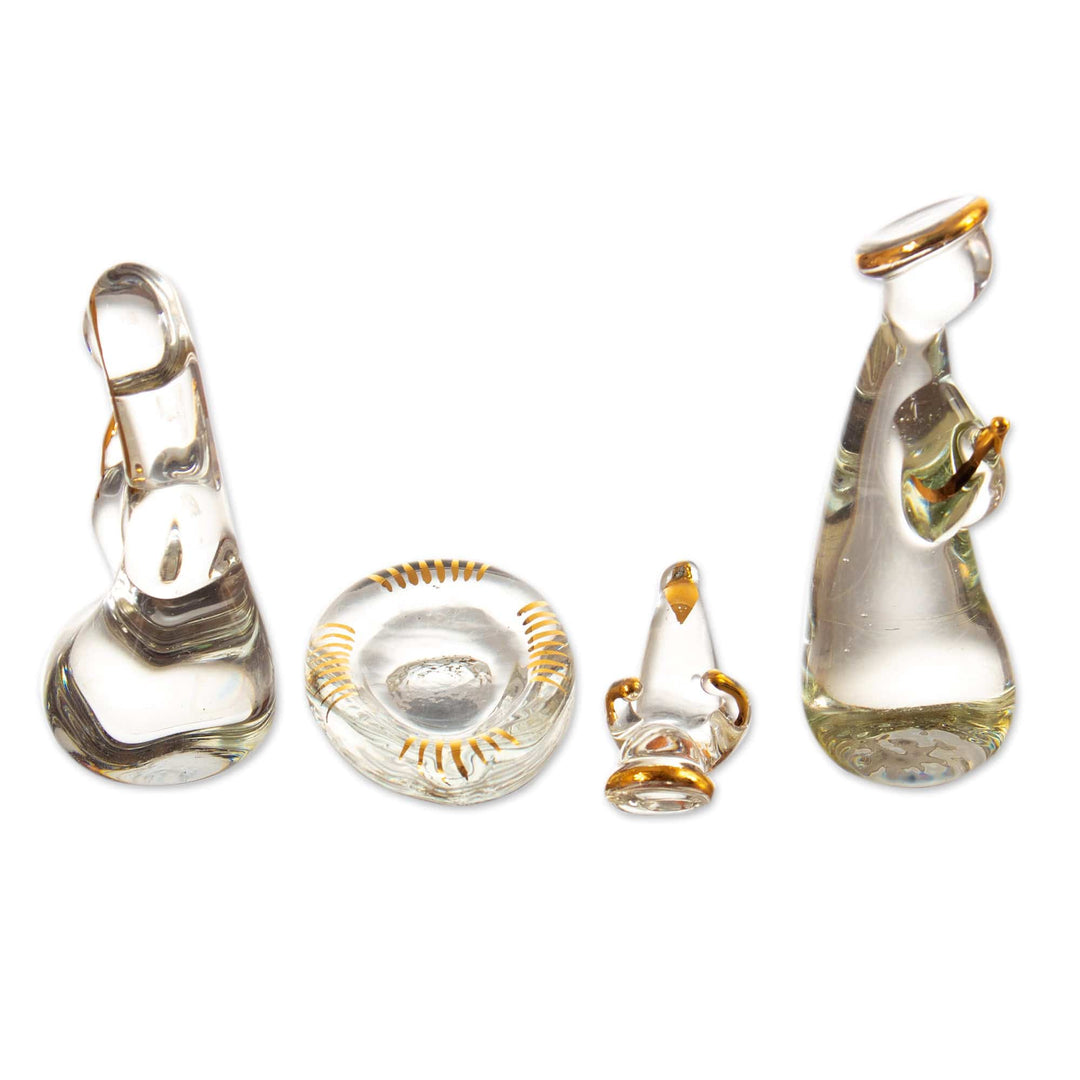Modern Handblown Glass Nativity Scene with Golden Accents - Clear Miracle