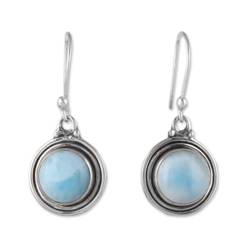 Polished Natural Round Larimar Dangle Earrings from India - Regal Enchantment