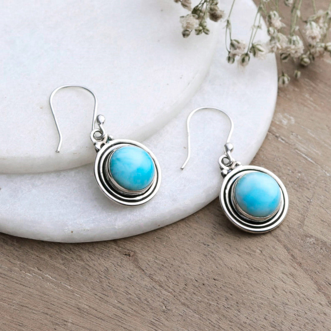 Polished Natural Round Larimar Dangle Earrings from India - Regal Enchantment