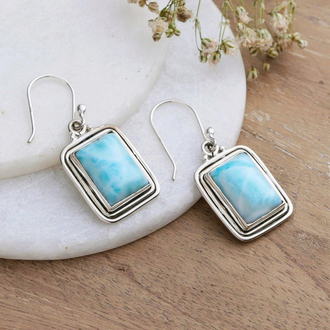 Polished Natural Rectangle Larimar Dangle Earrings - Regal Geometry