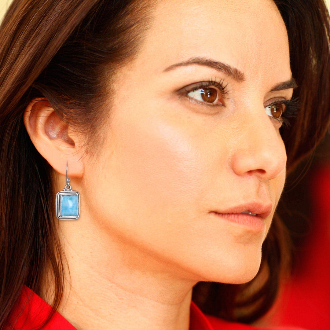 Polished Natural Rectangle Larimar Dangle Earrings - Regal Geometry