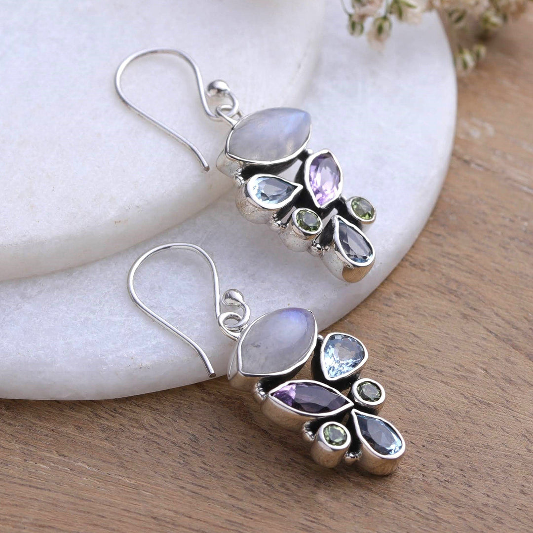 Multi-Gemstone Sterling Silver Dangle Earrings from India - Stylish Glam