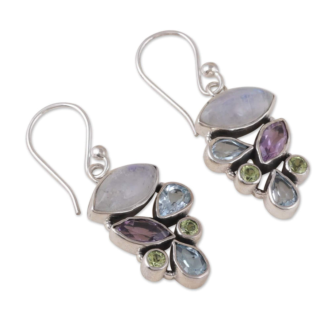Multi-Gemstone Sterling Silver Dangle Earrings from India - Stylish Glam