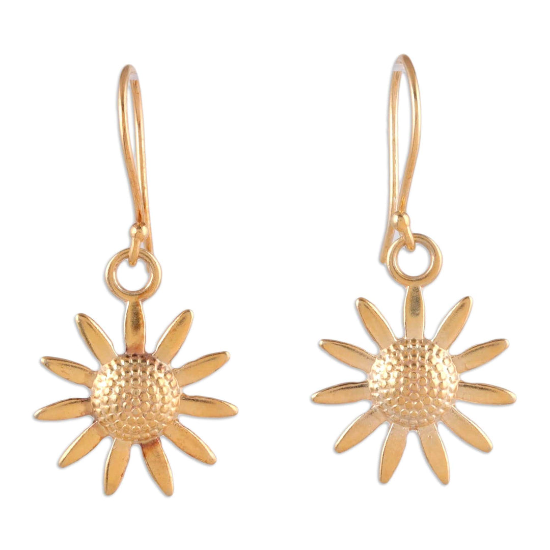 22k Gold-Plated Sunflower Dangle Earrings from India - Sunflower Glory