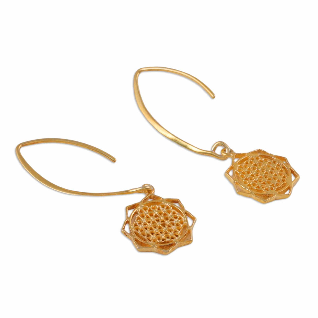 Shri Yantra Mantra Motif 22k Gold-Plated Dangle Earrings - Shri Yantra Mantra Victory