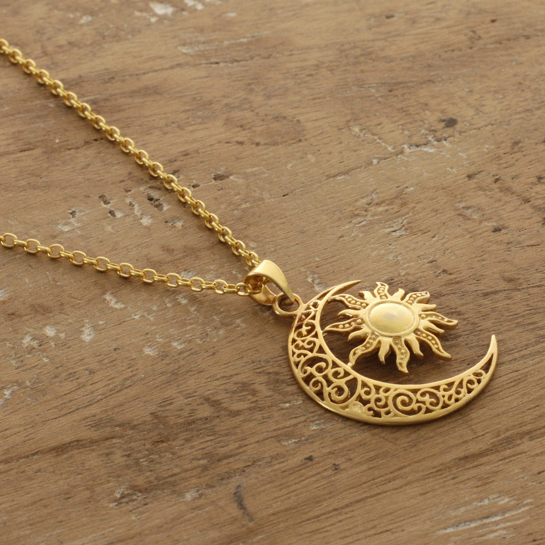 Sun and Crescent Moon 22k Gold-Plated Pendant Necklace - Sacred Duo
