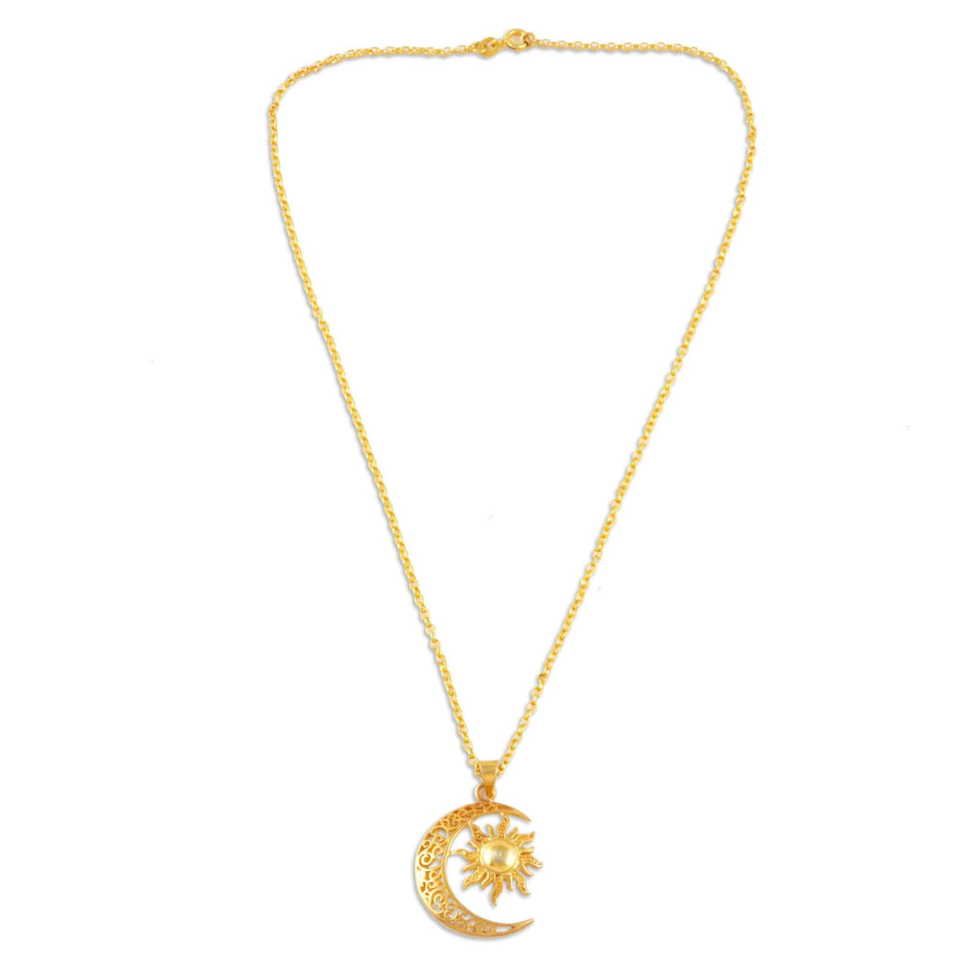Sun and Crescent Moon 22k Gold-Plated Pendant Necklace - Sacred Duo