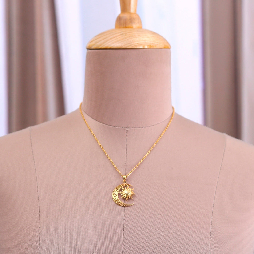Sun and Crescent Moon 22k Gold-Plated Pendant Necklace - Sacred Duo