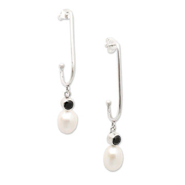 White Cultured Pearl and Faceted Onyx Dangle Earrings - The Mystic Pearls