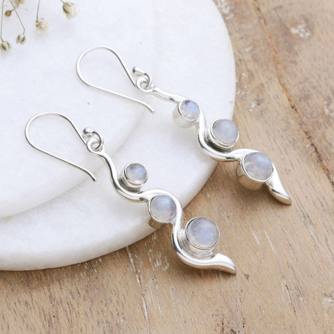Modern Sterling Silver Rainbow Moonstone Dangle Earrings - Swirling Mistiness
