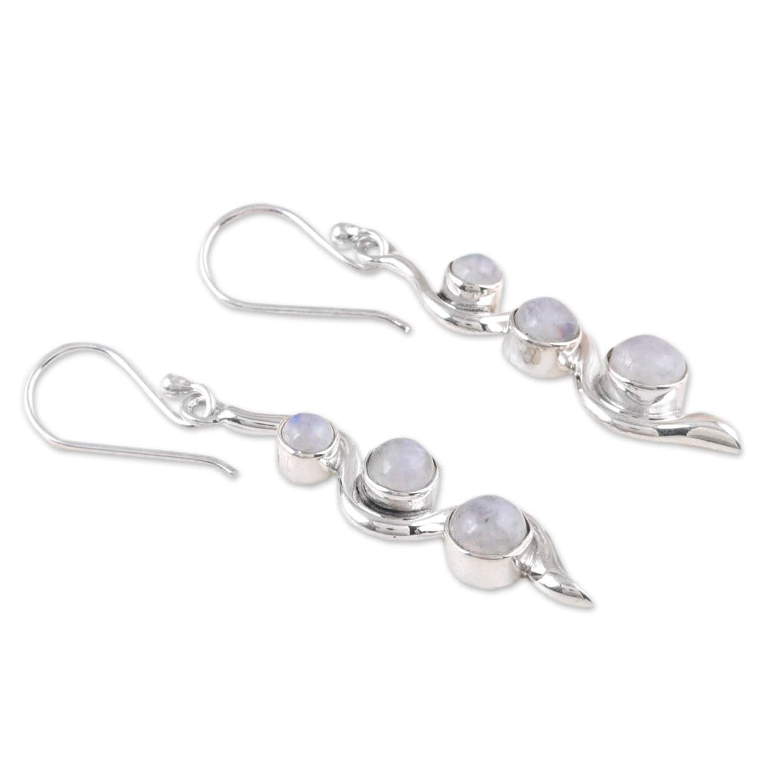 Modern Sterling Silver Rainbow Moonstone Dangle Earrings - Swirling Mistiness