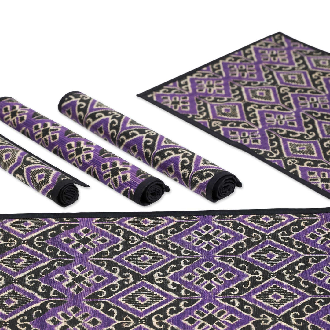 Cotton Natural Fiber 5-Piece Set of Table Runner & Placemats - Purple Diamond