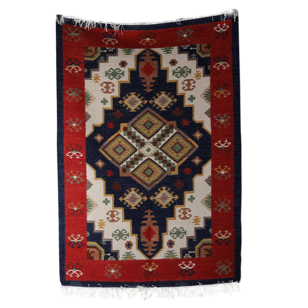 Classic Geometric Strawberry and Navy Wool Area Rug (4x6) - Striking Symmetry