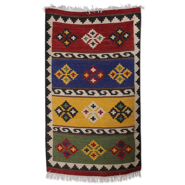 Handloomed Geometric Colorful Wool Area Rug from India (3x5) - Unique Home