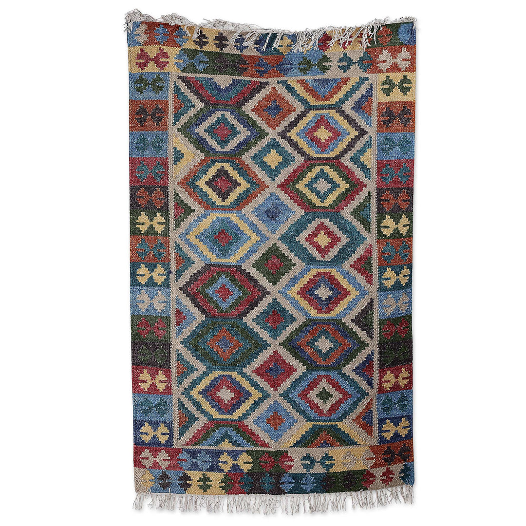 Handloomed Geometric-Patterned Blue Wool Area Rug (3x5) - Oceanic Diamonds