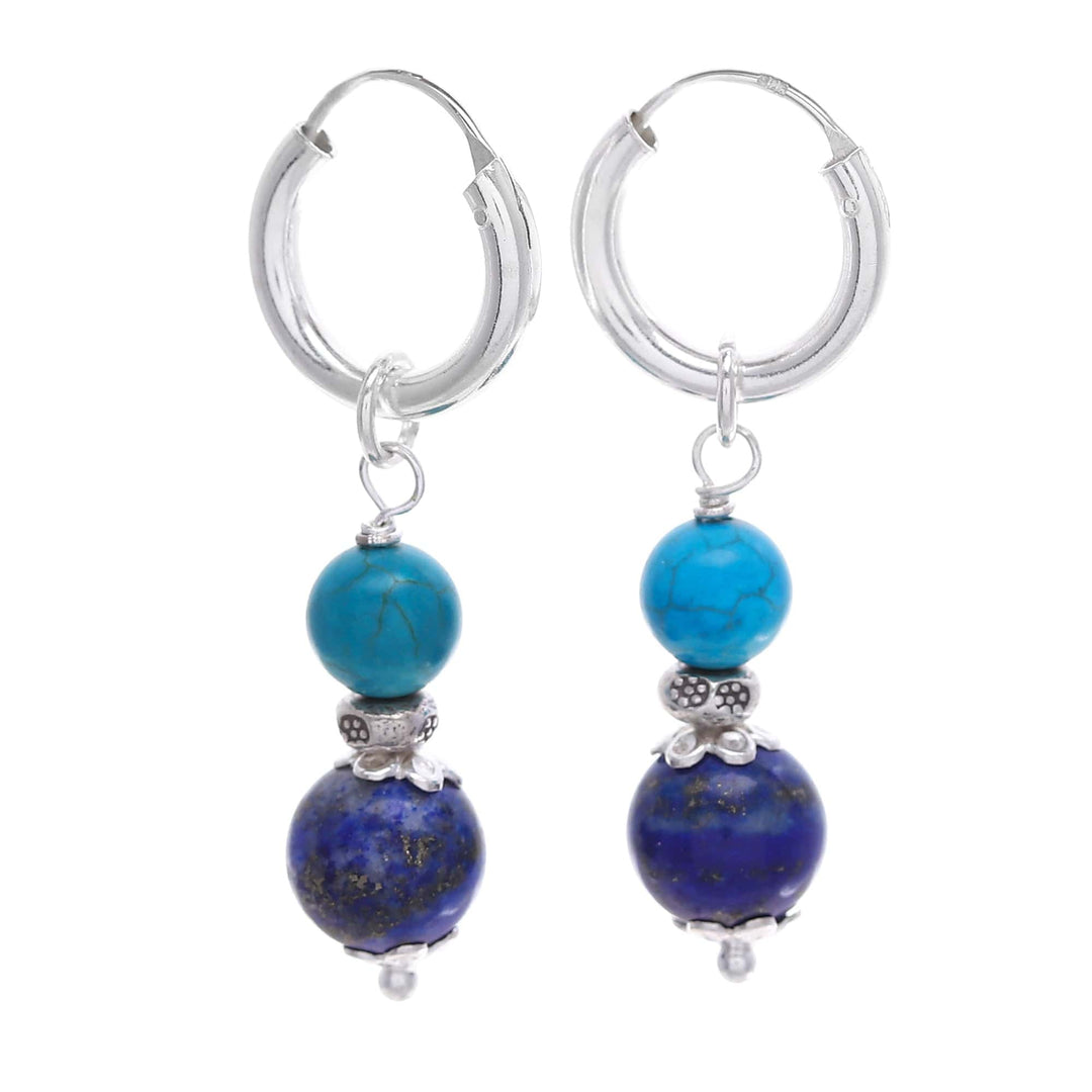 Silver Lapis Lazuli & Reconstituted Turquoise Hoop Earrings - Fab Duo