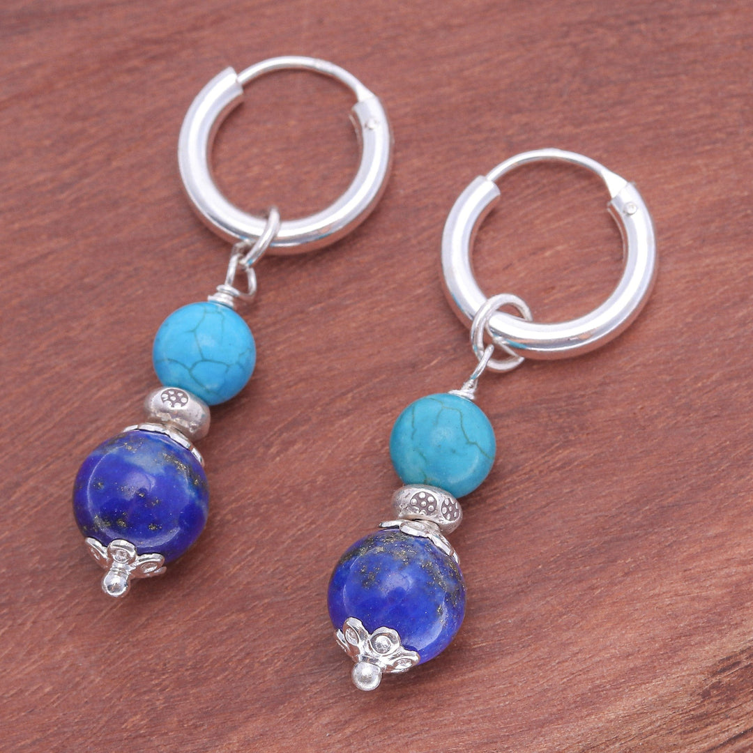 Silver Lapis Lazuli & Reconstituted Turquoise Hoop Earrings - Fab Duo