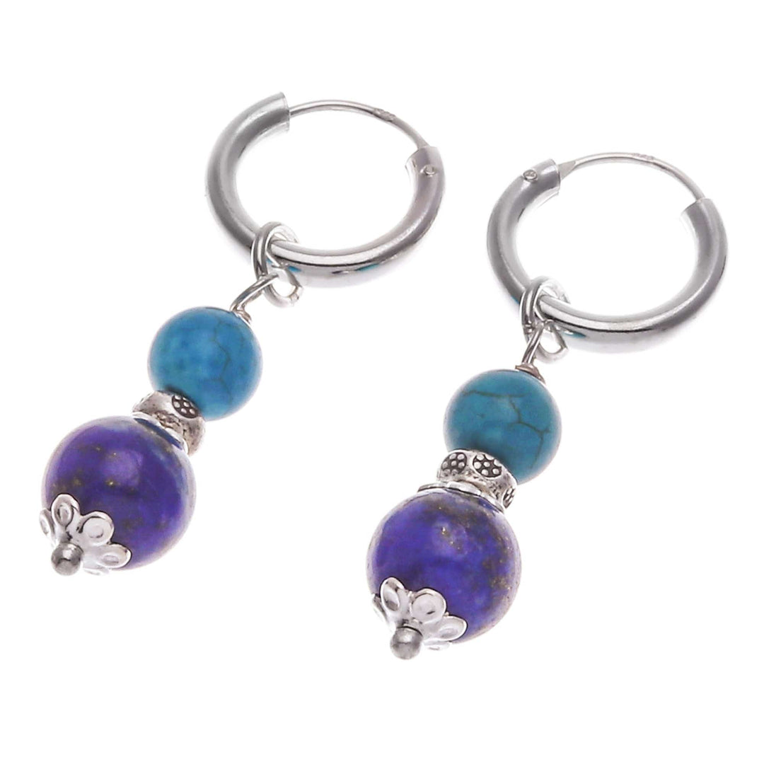 Silver Lapis Lazuli & Reconstituted Turquoise Hoop Earrings - Fab Duo