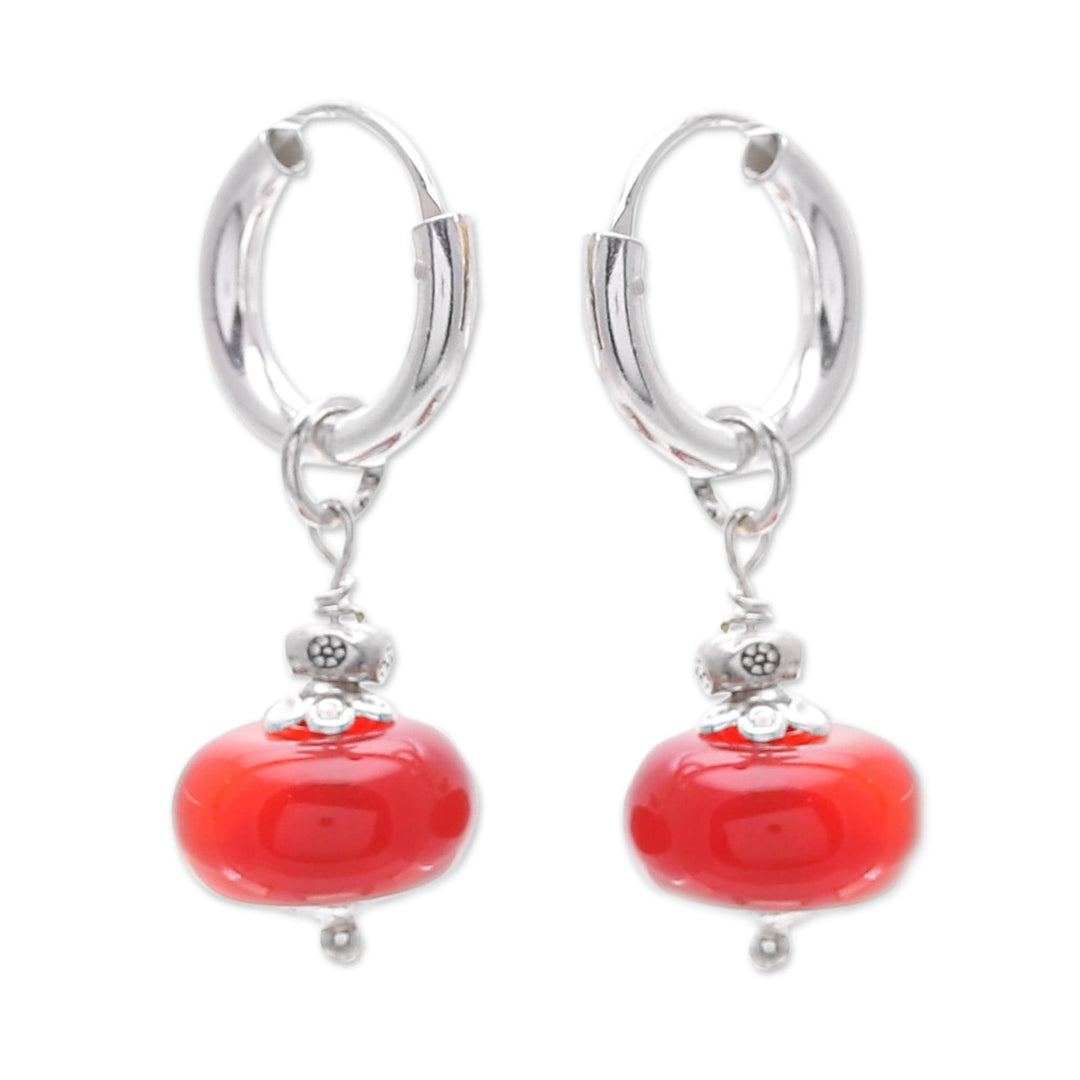 Polished Sterling Silver and Carnelian Hoop Dangle Earrings - Pure Fire