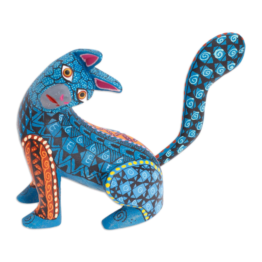Wood Cat Alebrije Figurine in Teal Hand-Painted in Mexico - Curious Cat in Teal