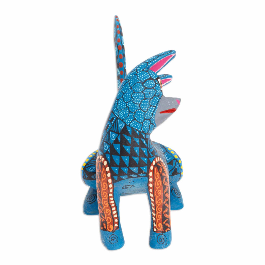 Wood Cat Alebrije Figurine in Teal Hand-Painted in Mexico - Curious Cat in Teal