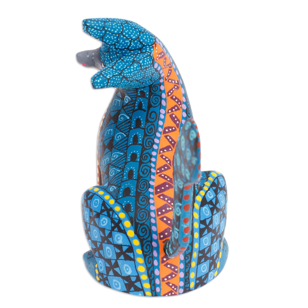 Wood Cat Alebrije Figurine in Teal Hand-Painted in Mexico - Curious Cat in Teal
