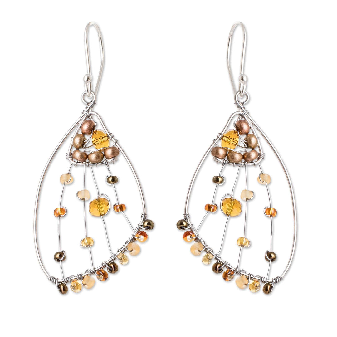 Brown Crystal & Glass Beaded Butterfly Wing Dangle Earrings - Brown Wings of Freedom