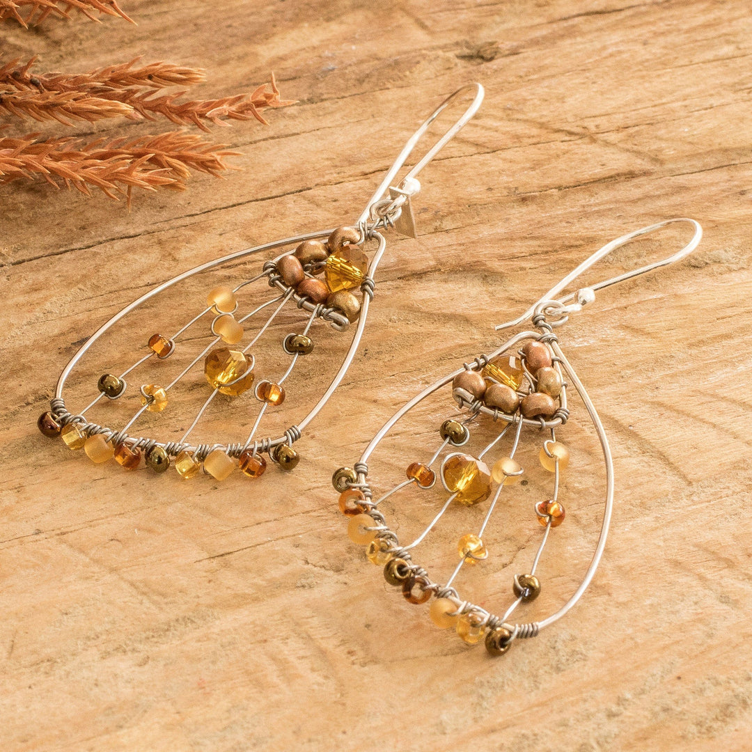 Brown Crystal & Glass Beaded Butterfly Wing Dangle Earrings - Brown Wings of Freedom