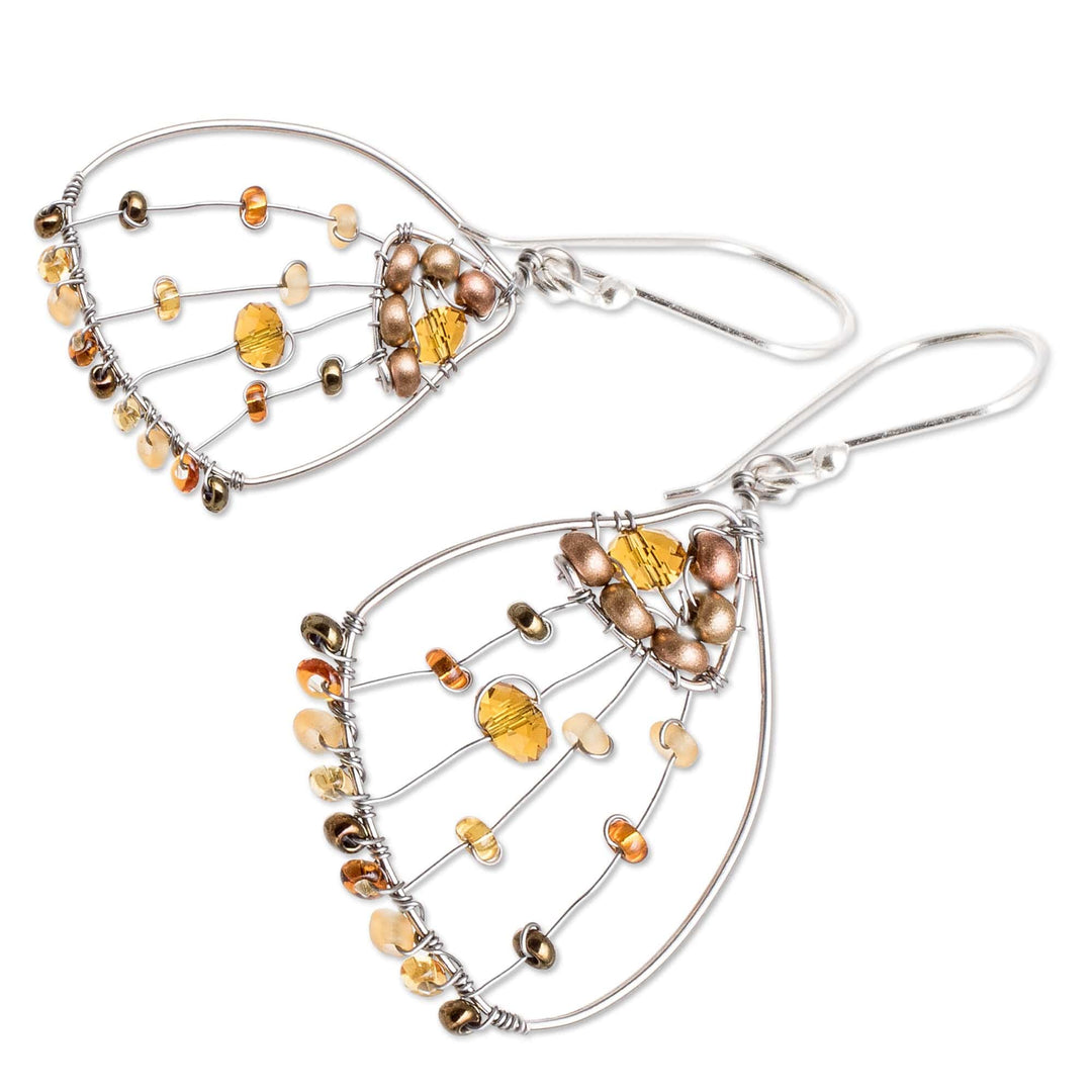 Brown Crystal & Glass Beaded Butterfly Wing Dangle Earrings - Brown Wings of Freedom