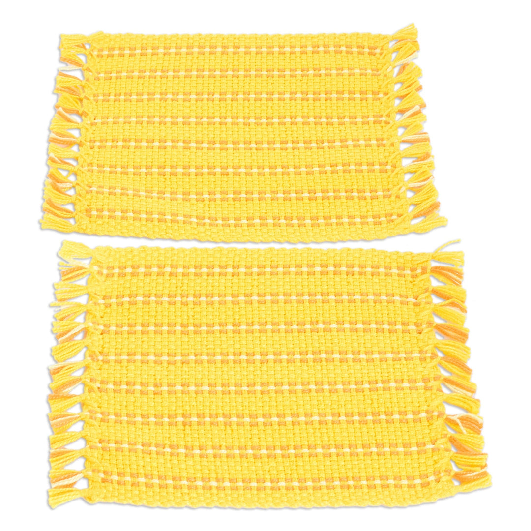 2 Hand-Woven Fringed Cotton Coasters in Yellow and Orange - Sunrise