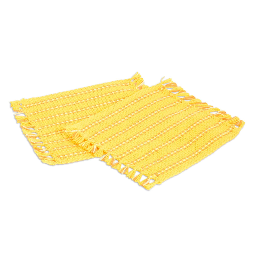 2 Hand-Woven Fringed Cotton Coasters in Yellow and Orange - Sunrise