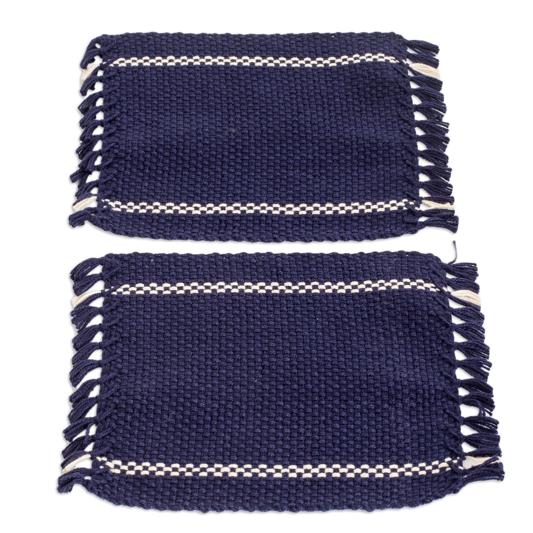 Pair of Hand-Woven Fringed Cotton Coasters in Blue and White - Moments