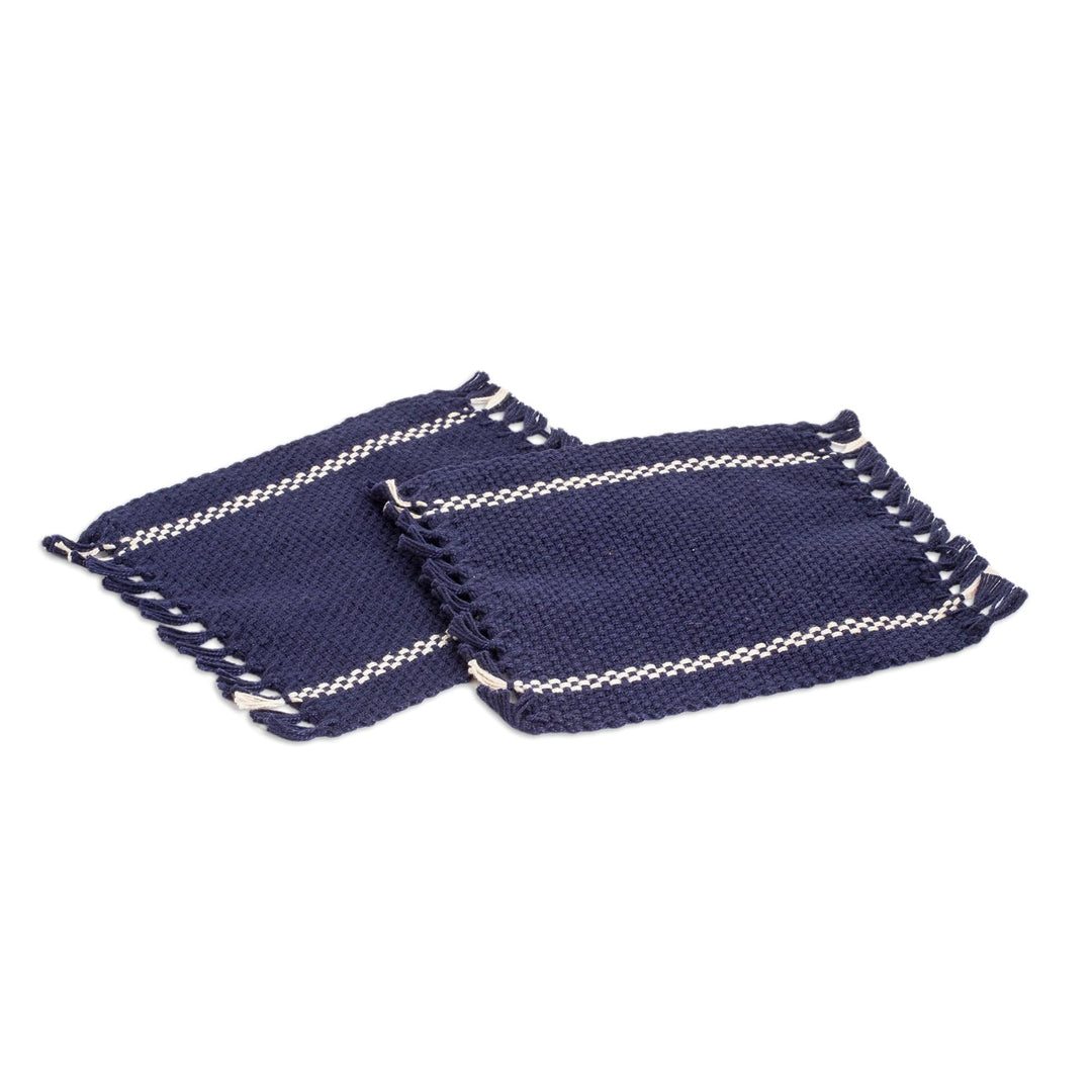 Pair of Hand-Woven Fringed Cotton Coasters in Blue and White - Moments