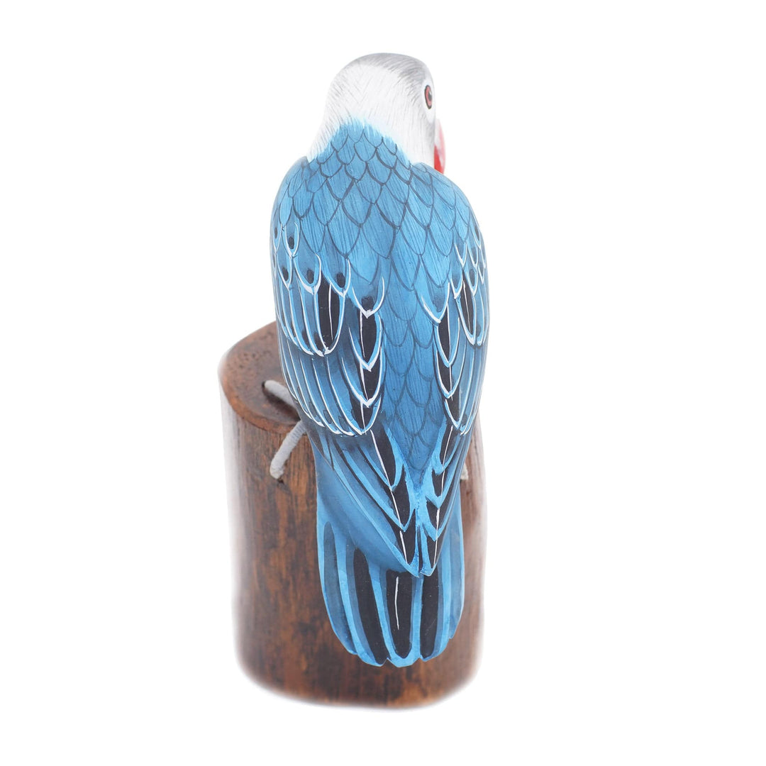 Handcrafted Suar Wood Blue Bird Sculpture with Wooden Base - Blue Lovebird