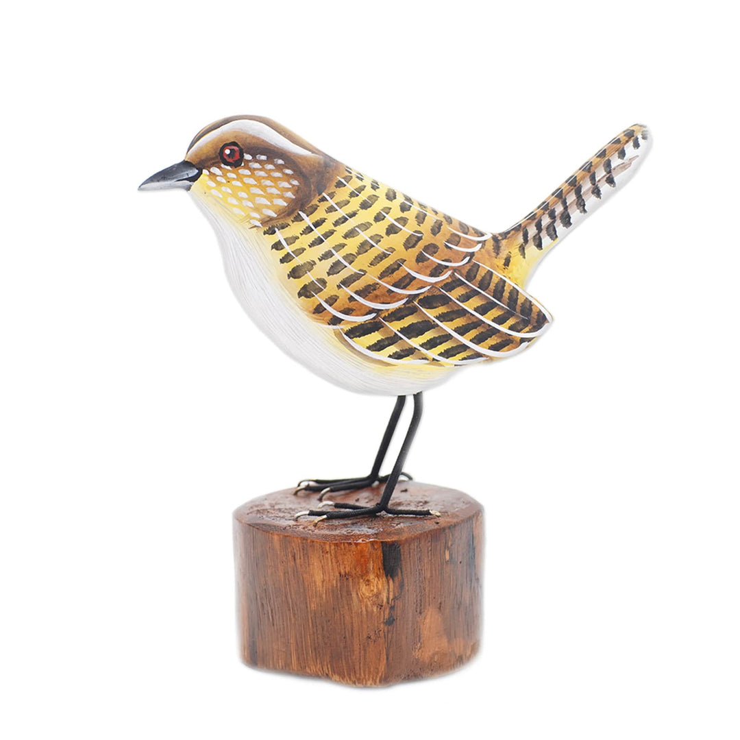 Handcrafted Suar Wood Canary Sculpture with Wooden Base - Singing Canary