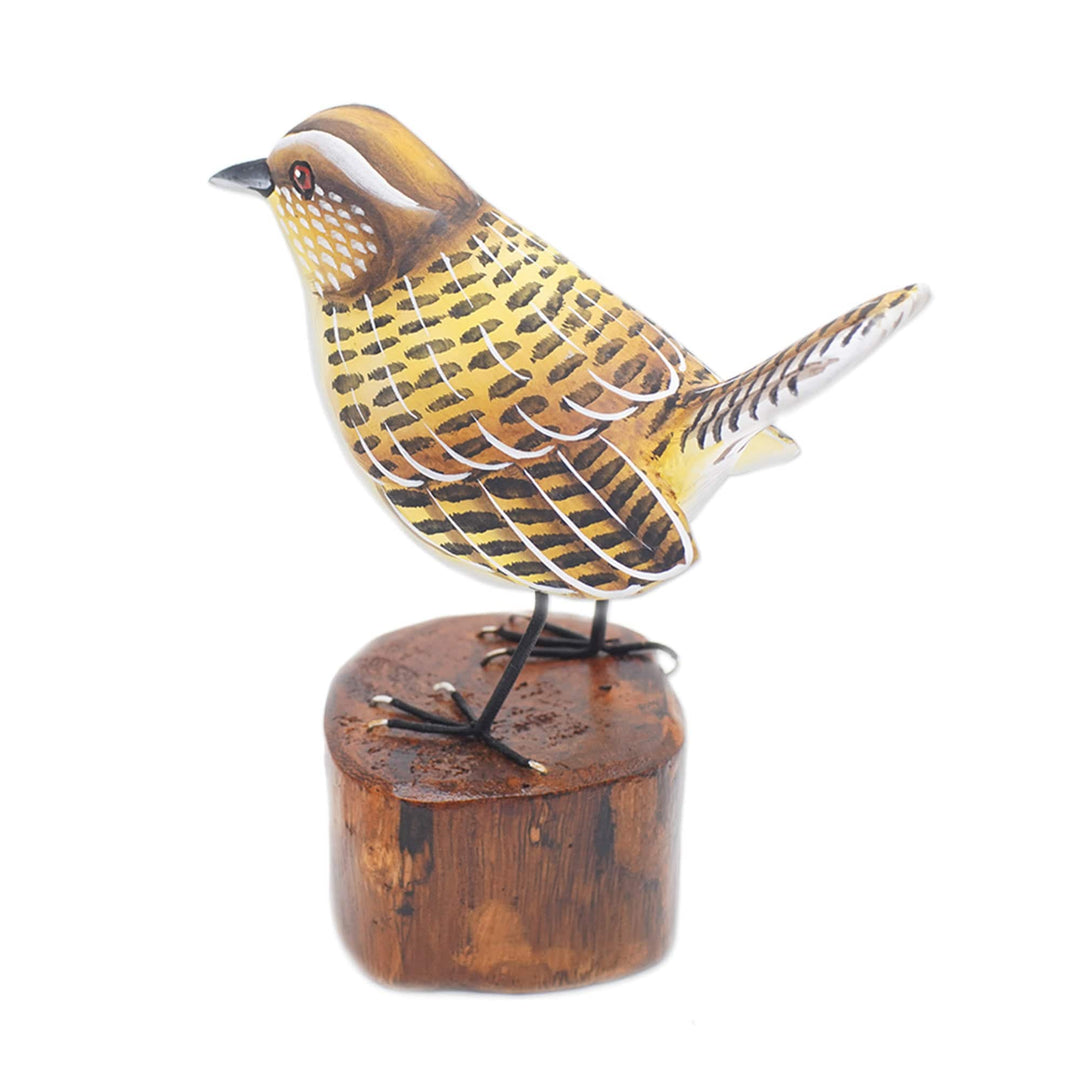 Handcrafted Suar Wood Canary Sculpture with Wooden Base - Singing Canary