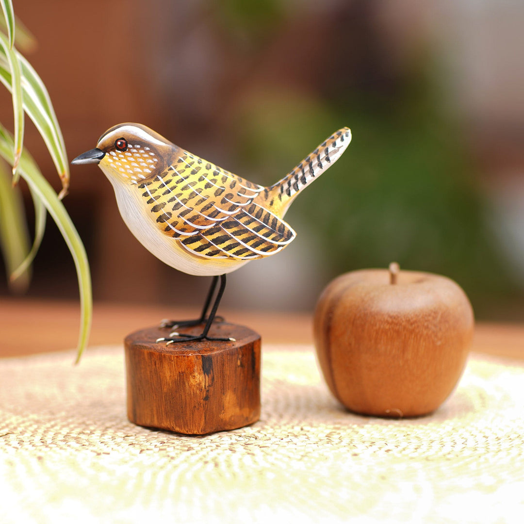 Handcrafted Suar Wood Canary Sculpture with Wooden Base - Singing Canary