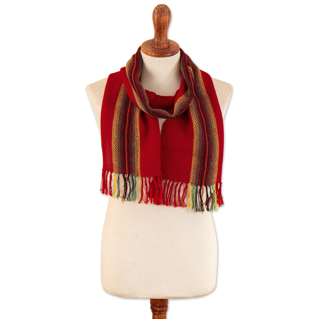 Hand-Woven 100% Alpaca Scarf in Red Orange Yellow & Green - Pomegranate