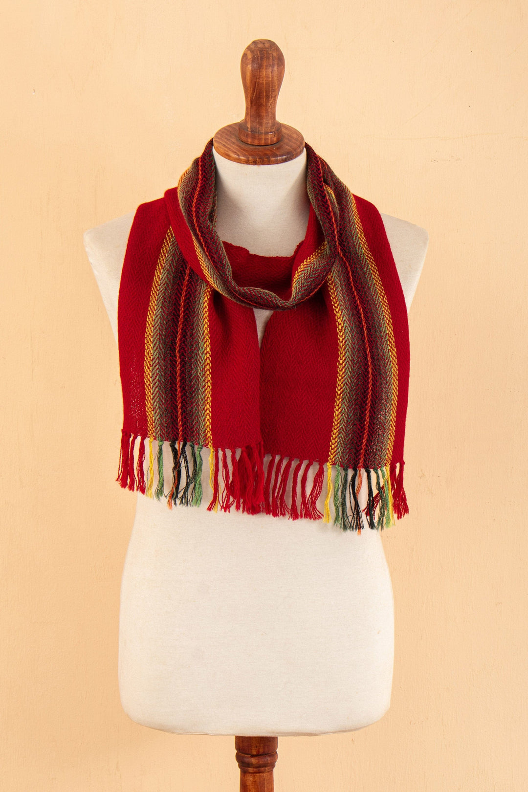 Hand-Woven 100% Alpaca Scarf in Red Orange Yellow & Green - Pomegranate