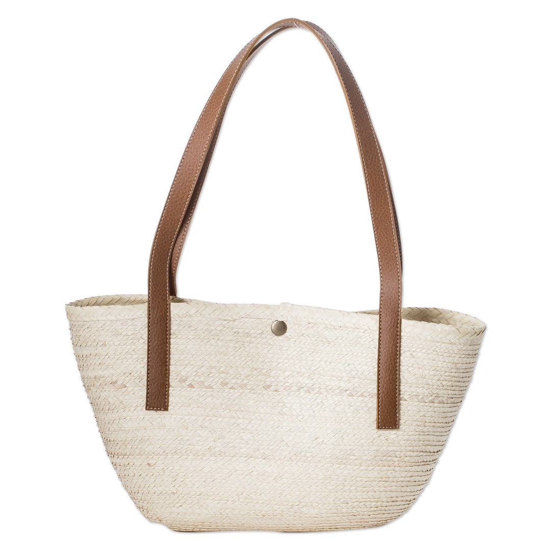 Handmade Natural Fiber Shoulder Bag with Faux Leather Straps - Sun & Sea